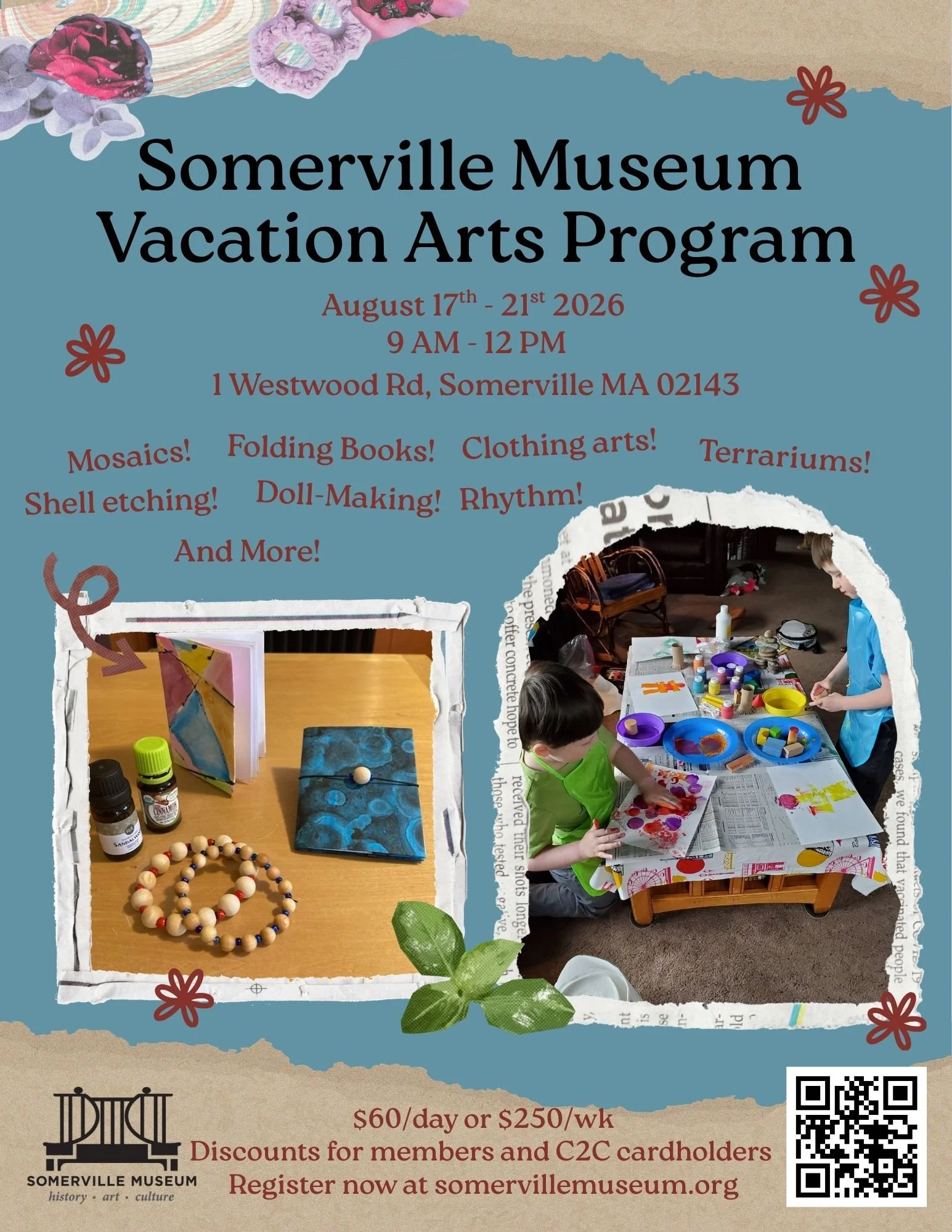 Looking for a creative summer activity for your child?

Join us for the Somerville Museum Vacation Arts Program, a week of hands-on artmaking designed for ages 7&ndash;11! From August 17&ndash;21, young artists will explore a new mix of creative work