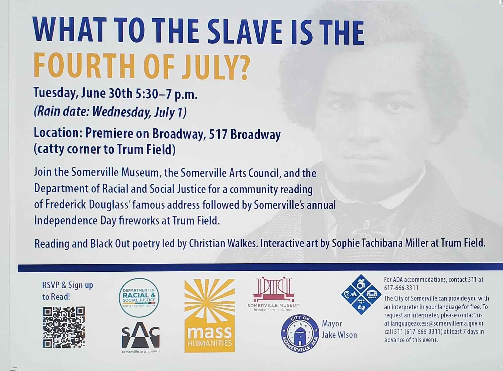 Join us for Reading Frederick Douglass Together on Tuesday, June 30, from 5:30-7 PM at Premiere on Broadway.

This annual community reading of Frederick Douglass&rsquo; &ldquo;What to the Slave is the Fourth of July?&rdquo; will be led by Christian W