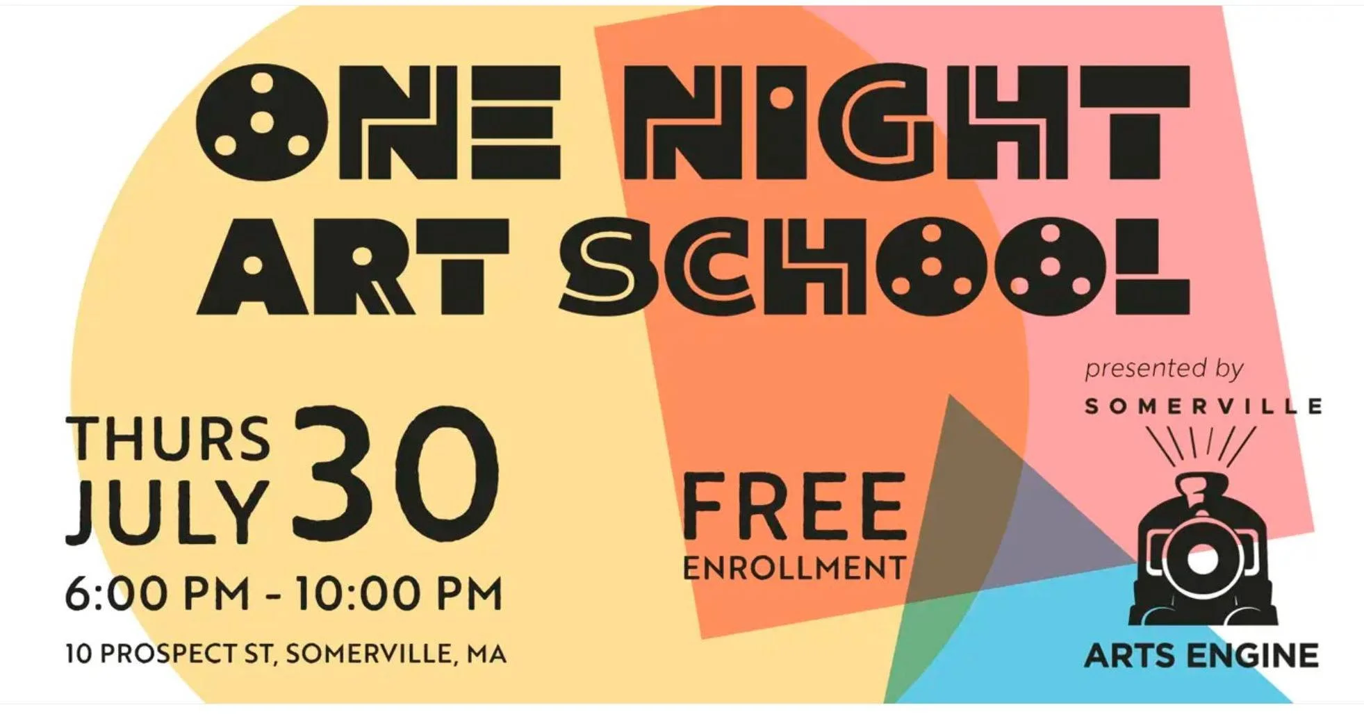 Go back to art school for one night only!

Join the Somerville Museum at One Night Art School on Thursday, July 30, from 6&ndash;10 p.m. Sample a semester&rsquo;s worth of creativity in one evening with hands-on activities offered by arts organizatio