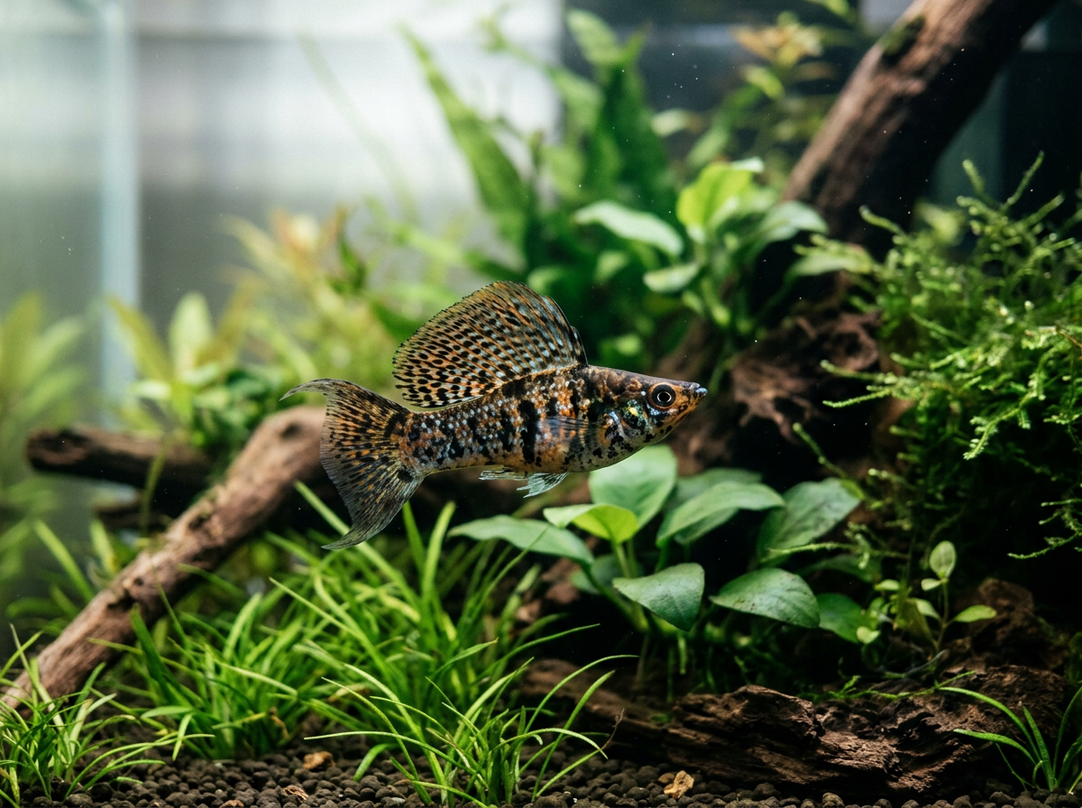 A colorful freshwater fish swimming in an aquarium with green plants and pieces of driftwood.