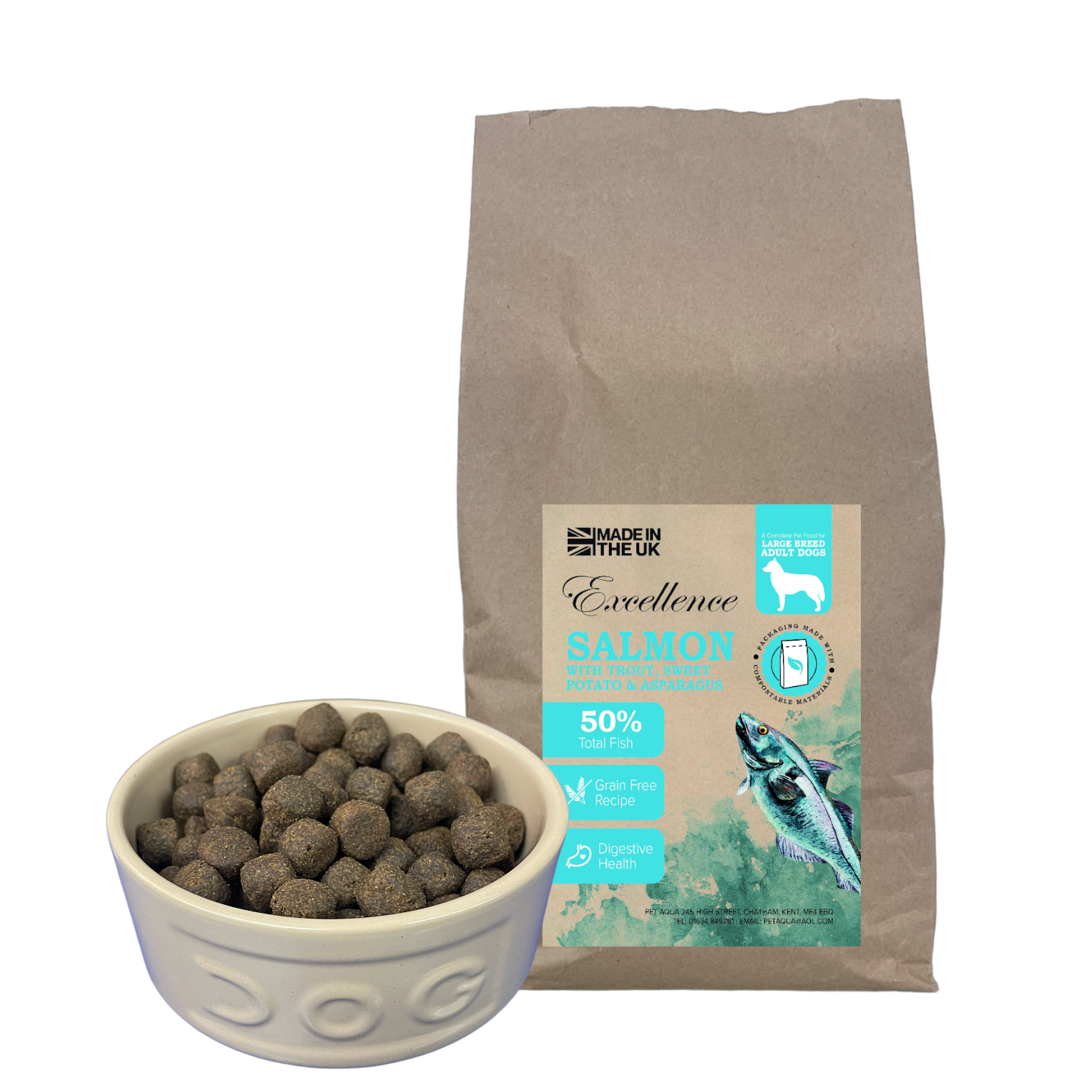 excellence salmon sweet potato and asparagus grain free kibble for large breed dogs