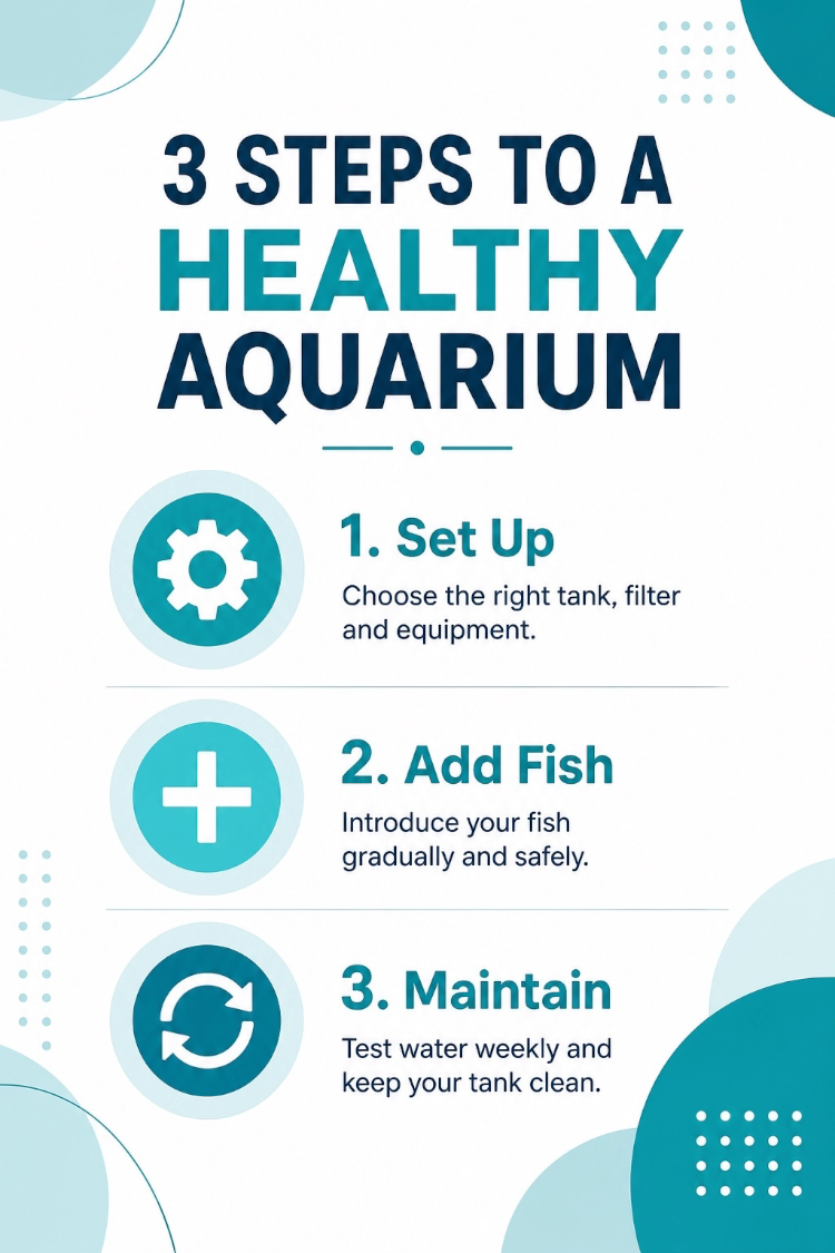 Infographic titled "3 Steps to a Healthy Aquarium" with three steps: 1. Set Up - Choose the right tank, filter, and equipment; 2. Add Fish - Gradually and safely introduce fish; 3. Maintain - Test water weekly and keep tank clean, with icons representing gear, plus sign, and recycling arrows.
