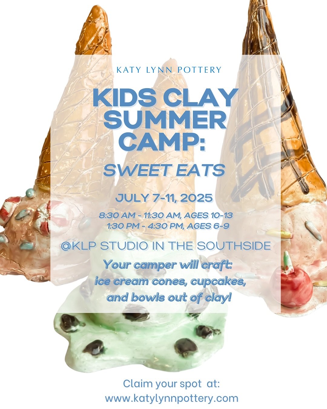 🎨Join our Clay Summer Art Camp at Katy Lynn Pottery Studios located in the Southside!
It’ll be a messy, fun, hands-on art adventure that is perfect for little sculptors! We’ll have a new theme each week starting July 7th-25th.
Scroll