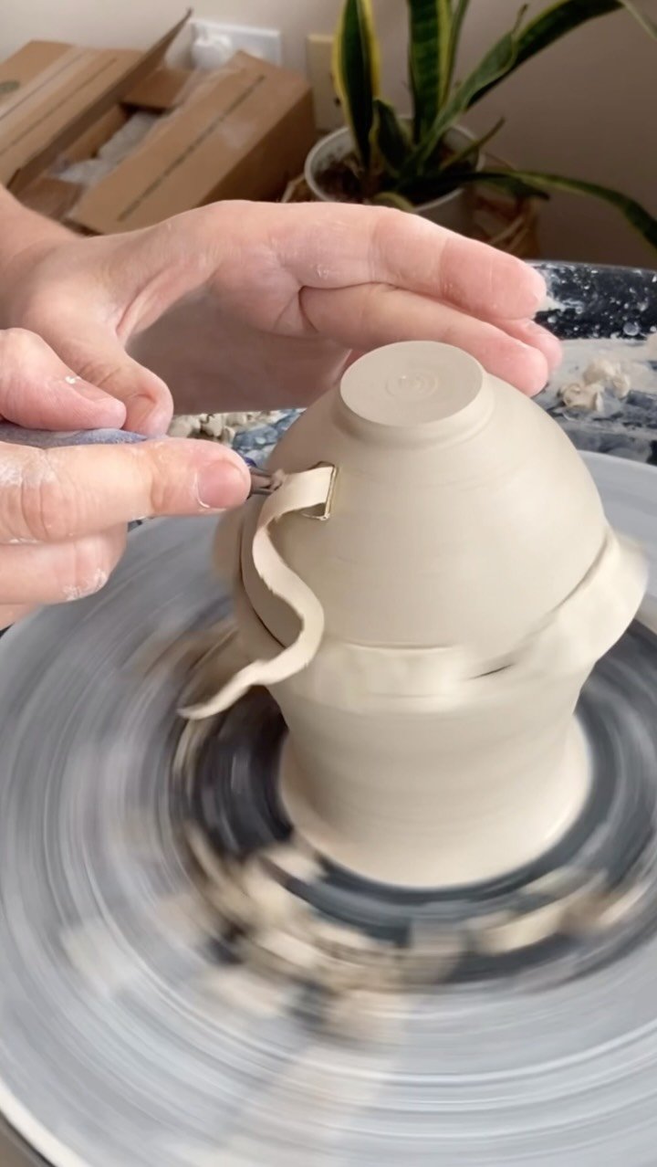 Every time I throw a batch of bud vases, I make one of these handy tools, and they really are the best thing!
So… what is a chuck? It’s a custom-thrown piece of clay that supports my vases upside down while I trim the excess clay and s