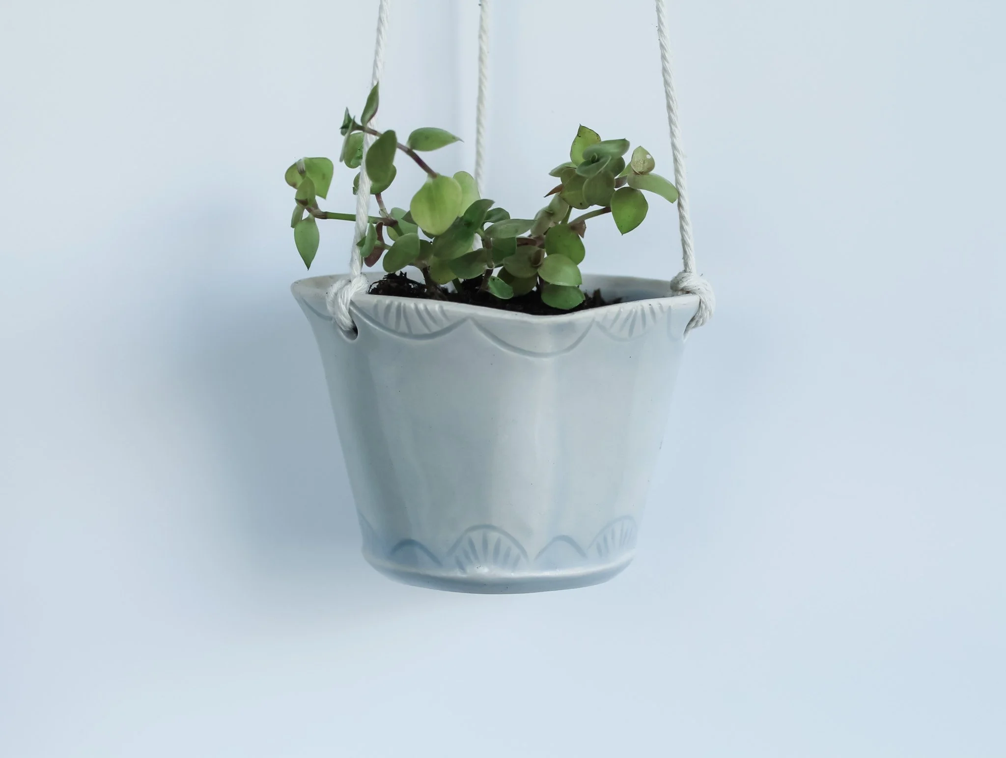 Hand built blue porcelain hanging planter