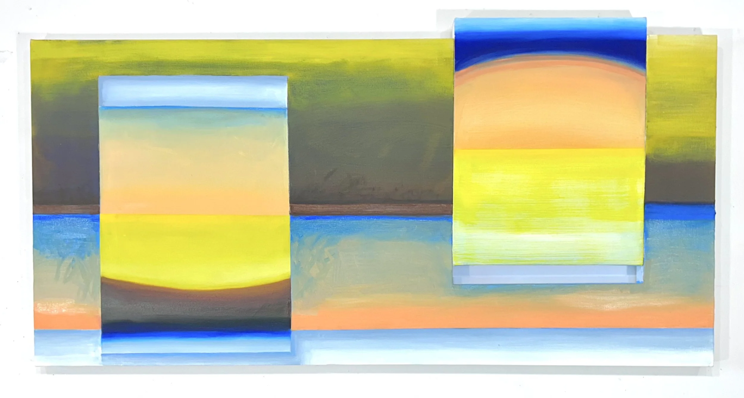 The Shape of Your Shape Is Also My Shape. Acrylic and Oil on Shaped Canvas and Canvas Inset, 24 x 50 inches