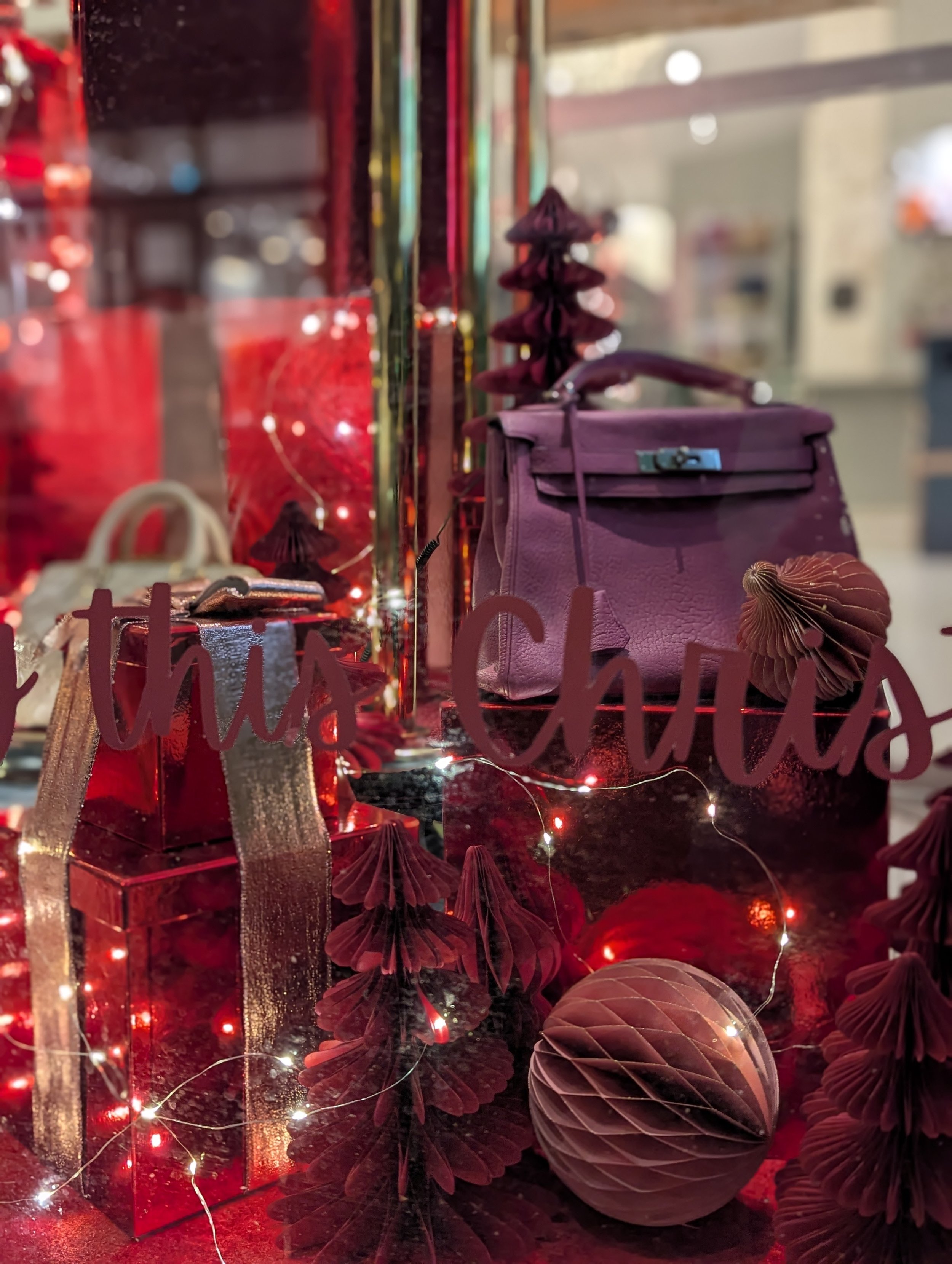 Designer handbag display, Christmas window display