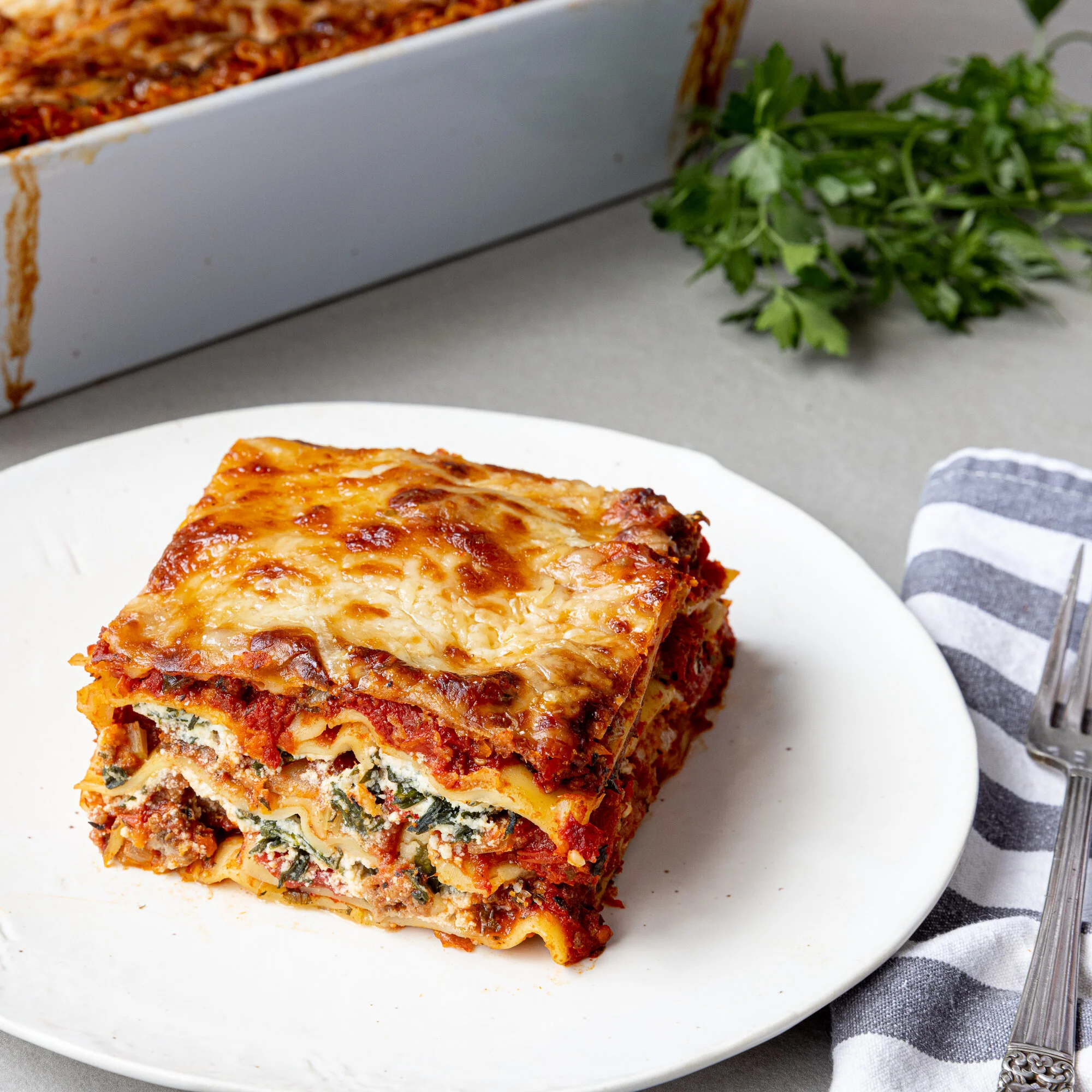 Beef + Fennel Sausage or Veggie Roasted Pepper Lasagna Bake |GF | V