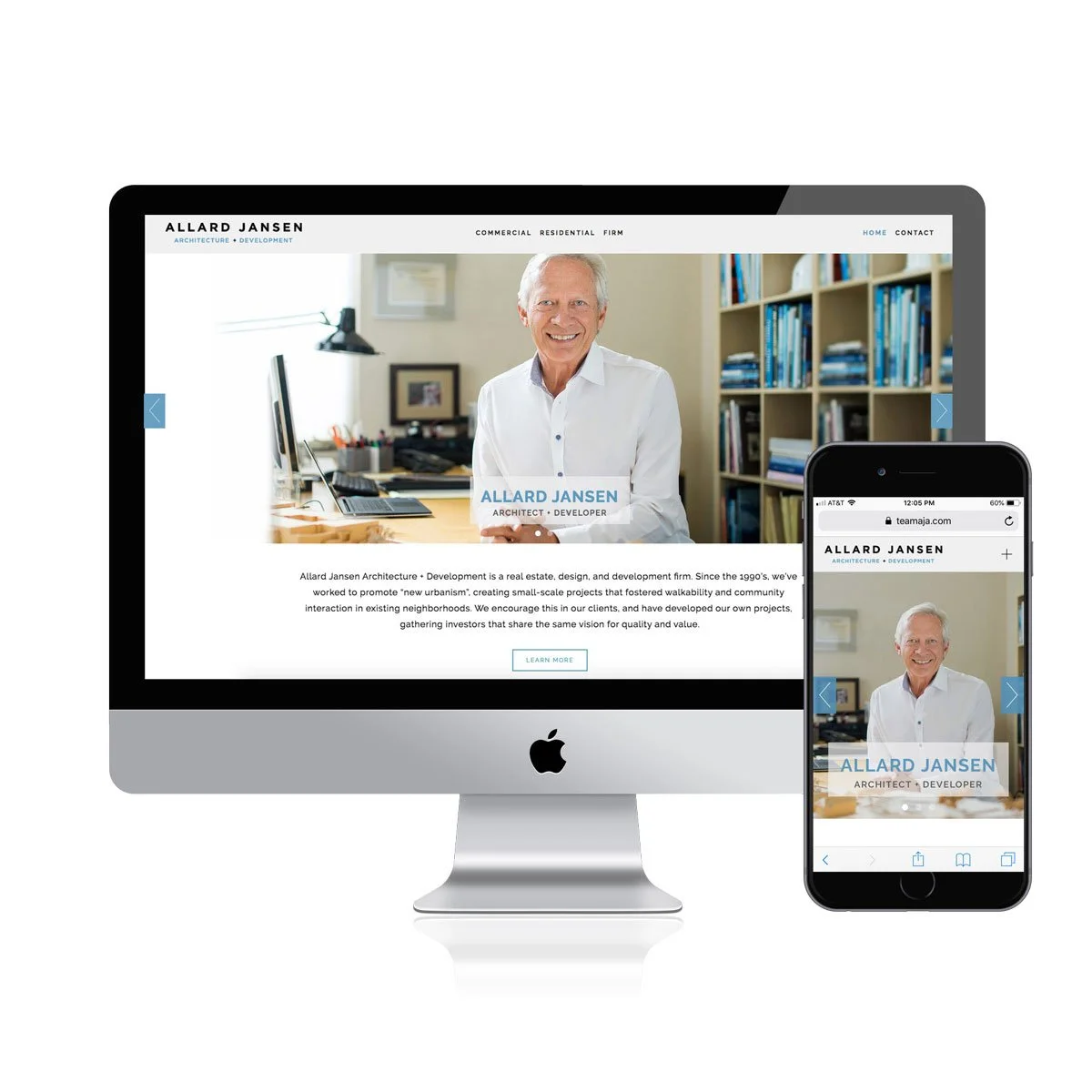 Computer and smartphone screens displaying the website of Allard Jansen, an architect and developer, featuring a smiling older man in a white shirt standing in an office with bookshelf in the background. Squarespace website San Diego.