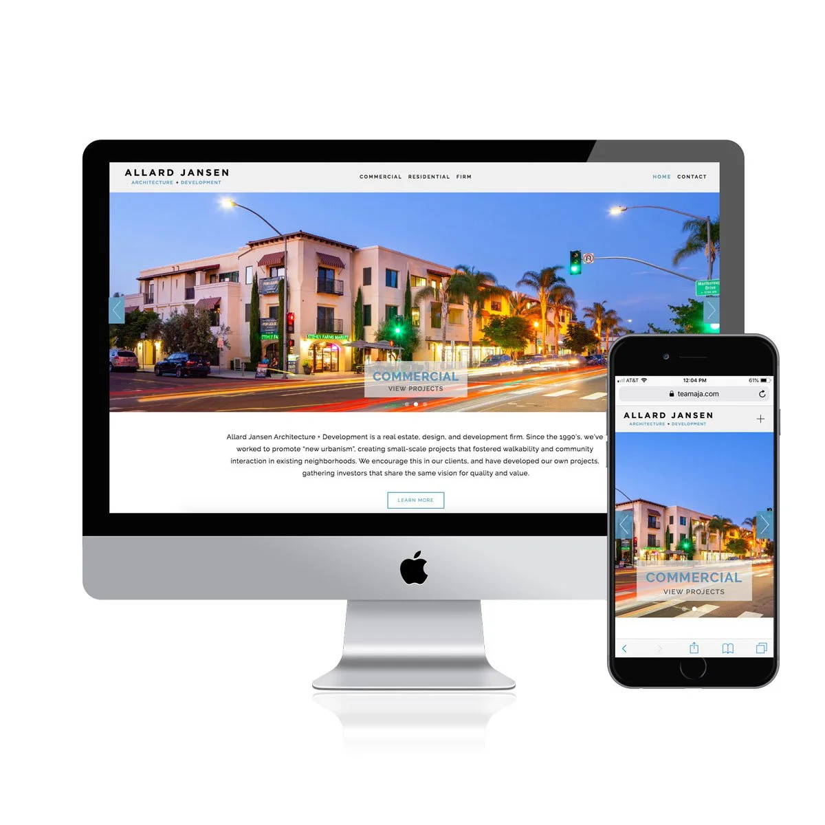 Website preview of Allard Jansen Architecture on an iMac and iPhone, showing a residential building at dusk with palm trees and traffic lights. Squarespace website San Diego.