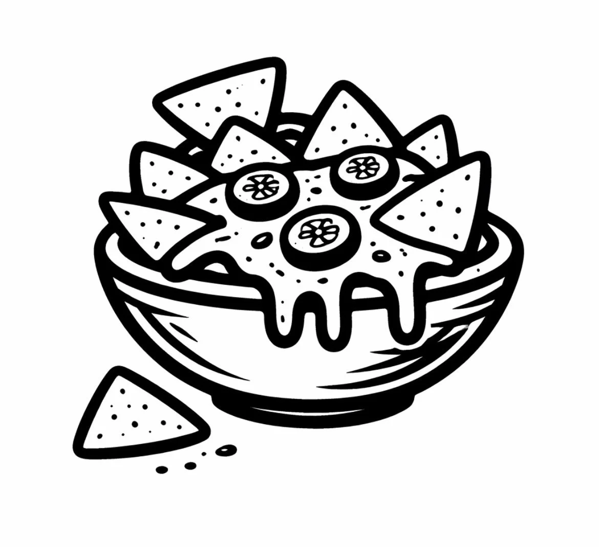 Black and white illustration of a bowl of nachos topped with cheese, jalapeño slices, and surrounded by triangular tortilla chips.