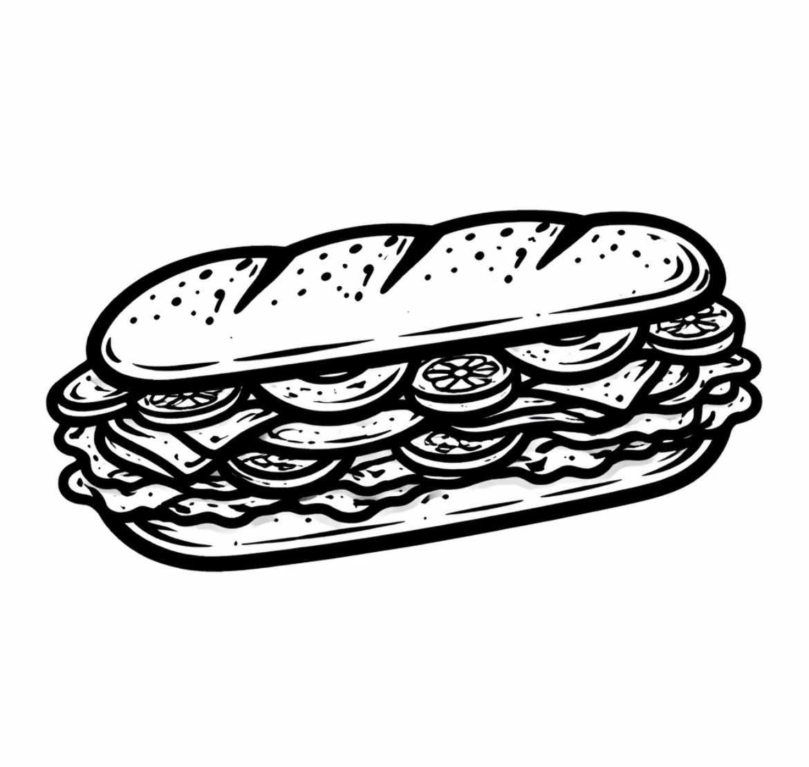 Black and white illustration of a submarine sandwich with multiple layers of ingredients including slices of meat, cheese, and vegetables, inside a long, crusty baguette.