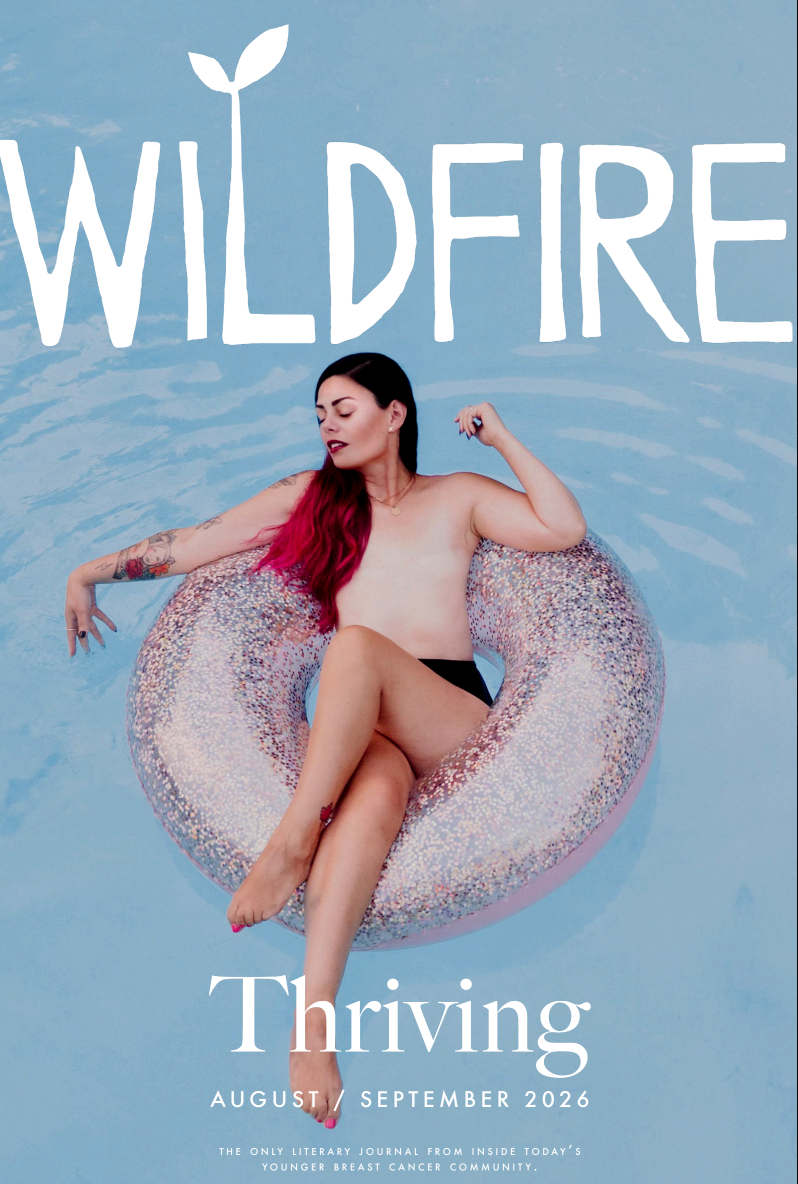 A woman with pink and black hair relaxing on a glittery pool float in a swimming pool. The background shows the water with the title "WILDFIRE" and the subtitle "Thriving" along with the date "August / September 2026."
