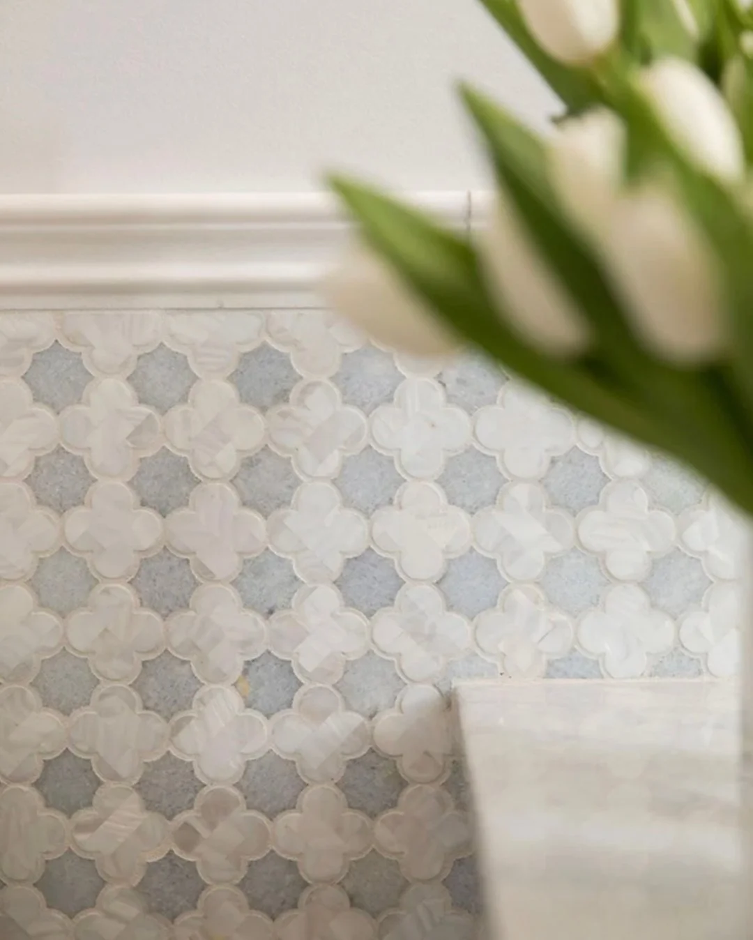 This tile is hugged by a honed marble panel and I'm just out here wondering where and when I can make this come alive!!​​​​​​​​​.
.
 #interiordesign #remodel #renovation #reno #designreveal #beforeandafter #residentialdesign #bathroomremodel #newspac