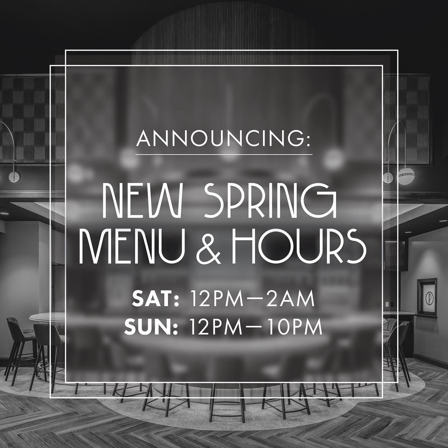 Join us tomorrow as we launch our new Spring Menu! Also don&rsquo;t forget we&rsquo;ve extended our weekend hours. Cheers!