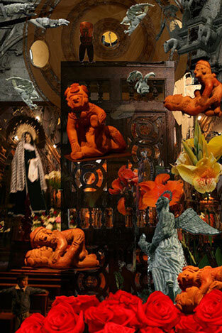 PASSION IS PRAYER (2011): This Ecuador work is titled after a line in Veronica Franco’s response to the inquisitor in the film “Dangerous Beauty.” The day I visited the church in Quito which forms the background to this work, a man was leading a pray