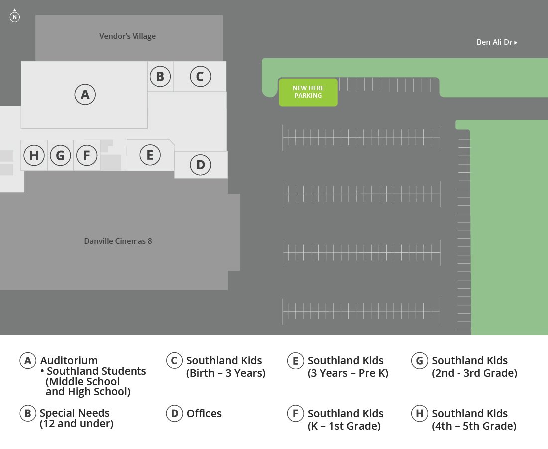 Site map of Danville Cinemas 8 layout showing designated areas for age groups and specific needs, parking, and offices, with a legend explaining each section.