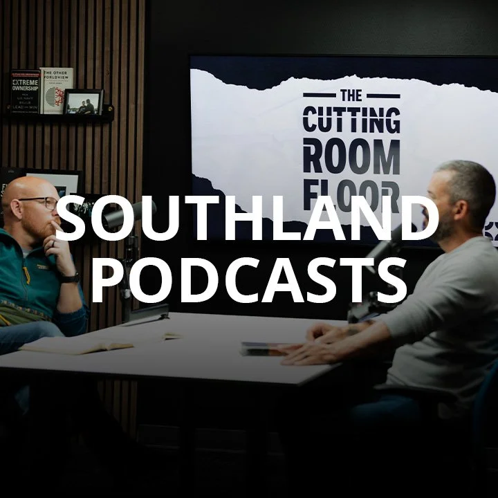 Microphone and headphones on a desk with "Southland Podcasts" text overlay