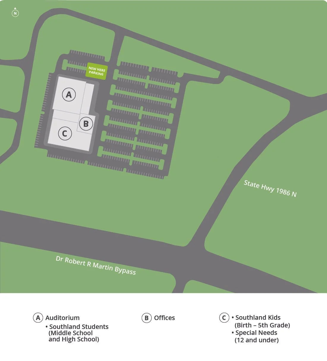 Map of Southland campus showing auditorium labeled A, offices labeled B, Southland Kids designated C, main parking lot, and surrounding roads including State Hwy 1986 N and Dr Robert R Martin Bypass.