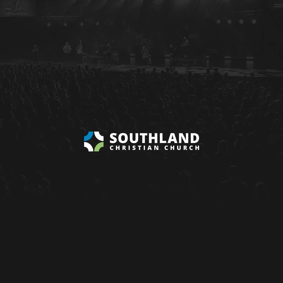 Logo of Southland Christian Church with a dark background showing a congregation and a stage with a band.