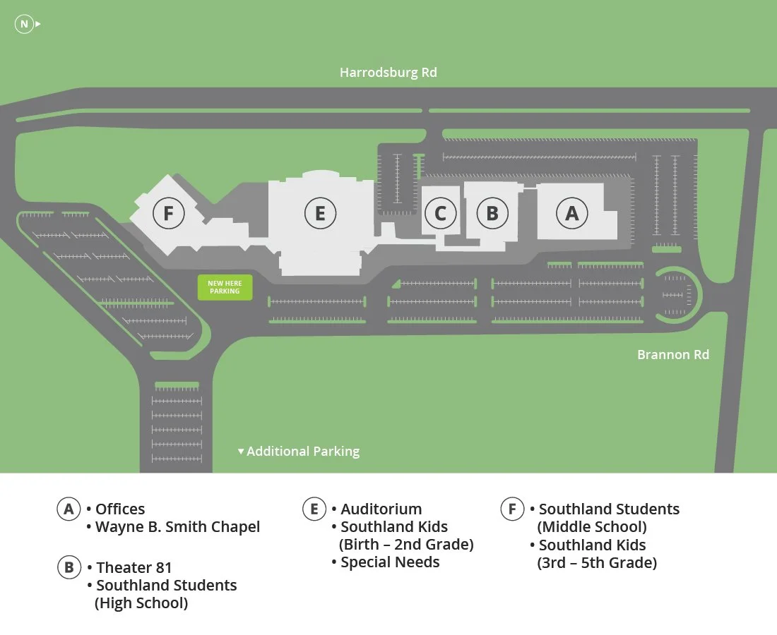 School campus map with labeled buildings, parking lot, and surrounding roads, including Harrodsburg Rd and Brannon Rd.
