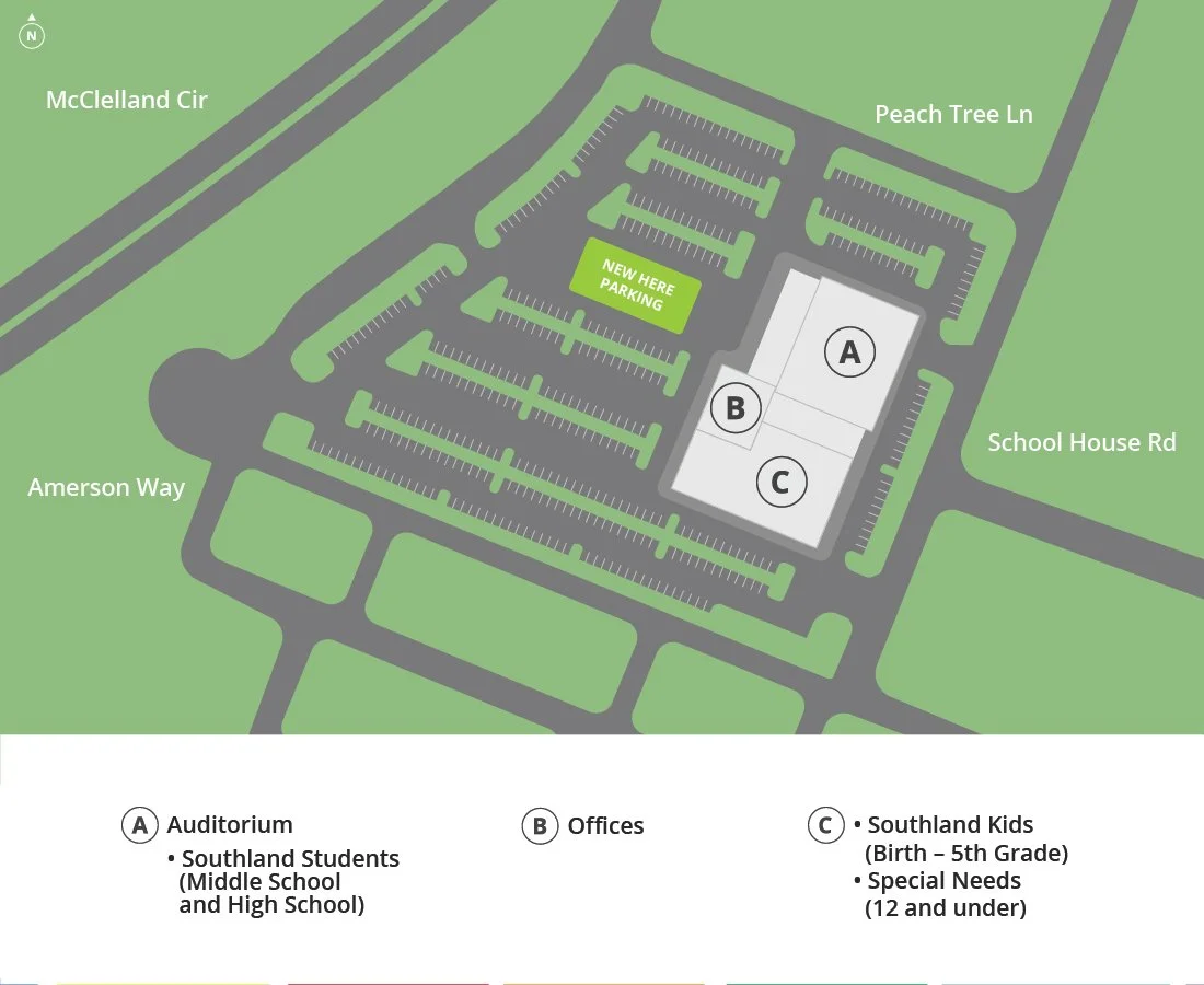 Map of a school area with parking lots, roads, and a school building. The map labels include McClelland Cir, Amerson Way, Peach Tree Ln, and School House Rd. The school building has marked sections for Southland Students, Offices, and Southland Kids, with a designated new parking area.