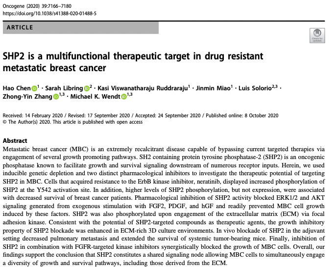 SHP2 is a multifunctional therapeutic target in drug resistant metastatic breast cancer