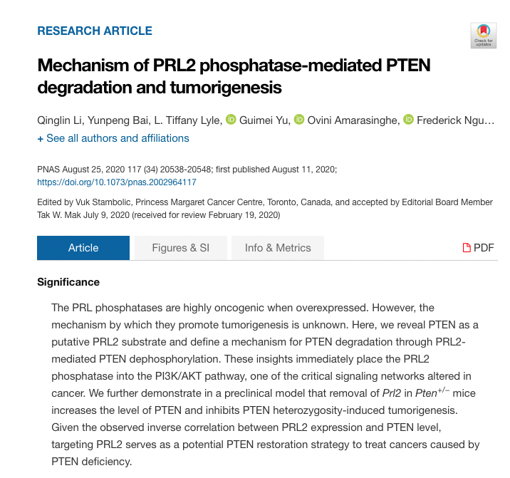 Mechanism of PRL2 phosphatase-mediated PTEN degradation and tumorigenesis