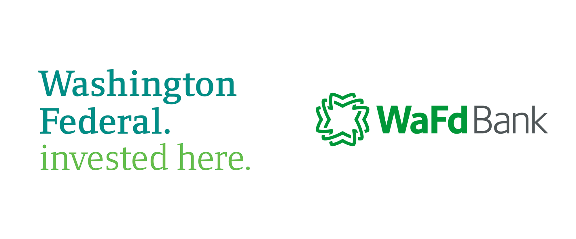A side-by-side comparison of old logo "Washington Federal. invested here." and the new logo "WaFd Bank"