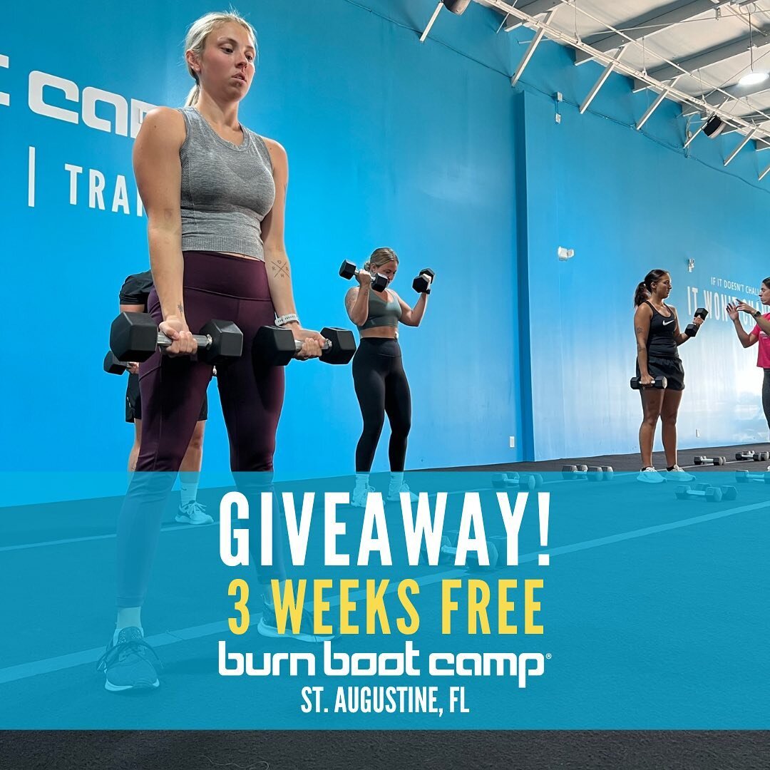 We are beyond excited to offer a FREE three weeks giveaway to check out @burnbootcampstaugustinefl on S.R. 16 in St. Augustine! 💙 Burn Boot Camp specializes in focused, 45-minute workouts&mdash;perfect for busy parents&mdash;in an empowering atmosph
