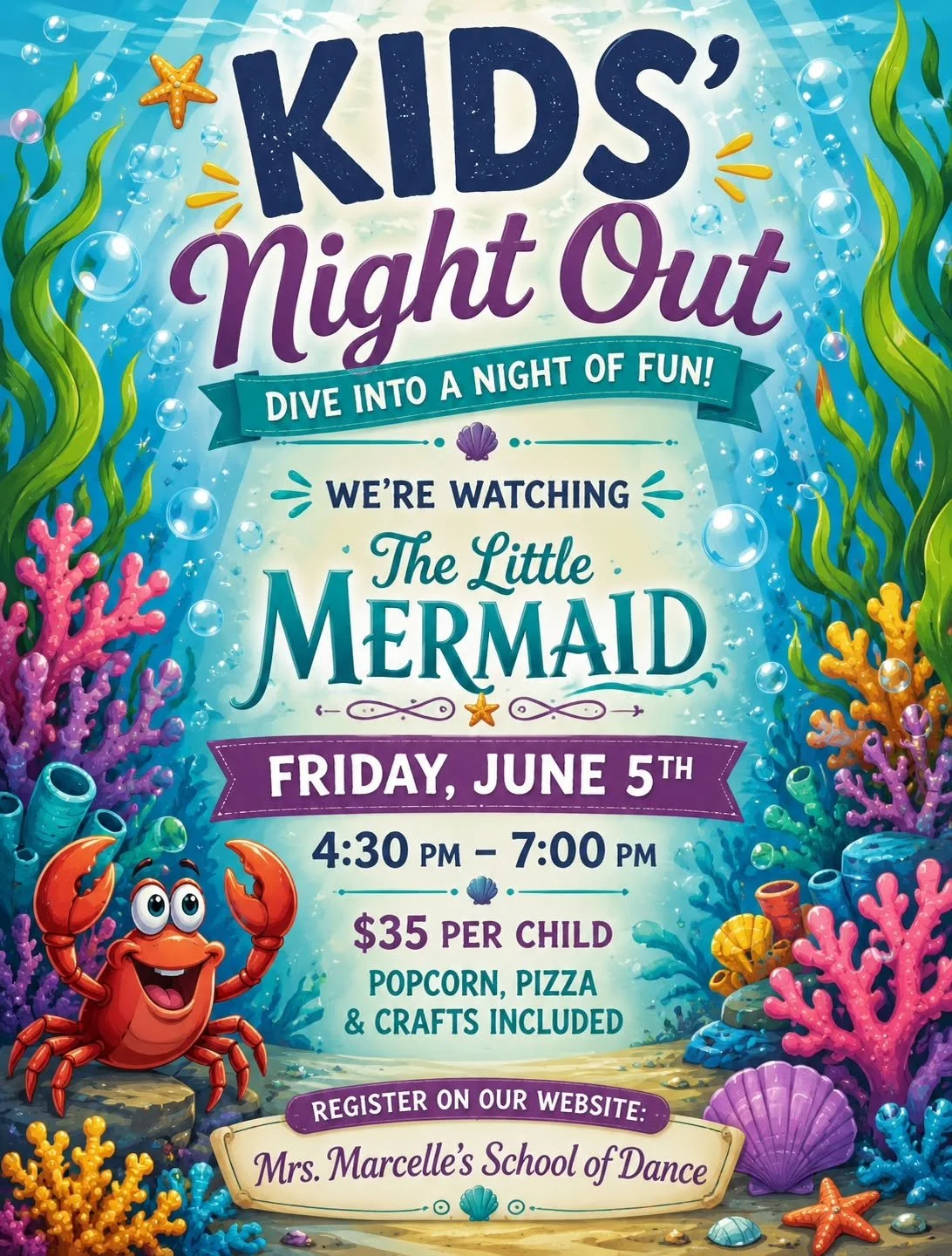 🐚✨ Kids Night Out is making a splash! ✨🐚

Join us on first Friday from 4:30&ndash;7:00 PM for an under-the-sea evening full of fun as we watch The Little Mermaid! 🦀🌊

🫧 Spots are limited, so be sure to register on our website! 💙