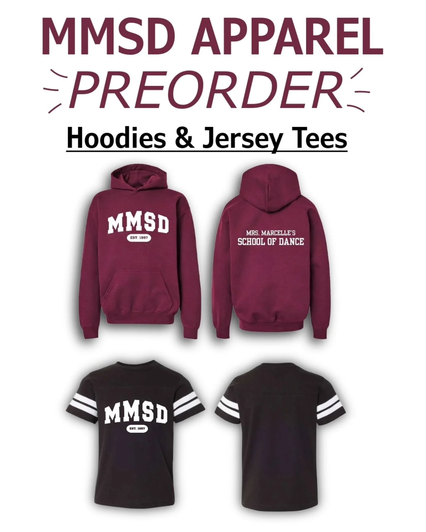 🎉 LAST WEEK TO PRE-ORDER!🎉

It&rsquo;s your last chance to pre-order an MMSD sweatshirt or jersey tee! 🩰💗

Head to our website to place your pre-order before orders close!