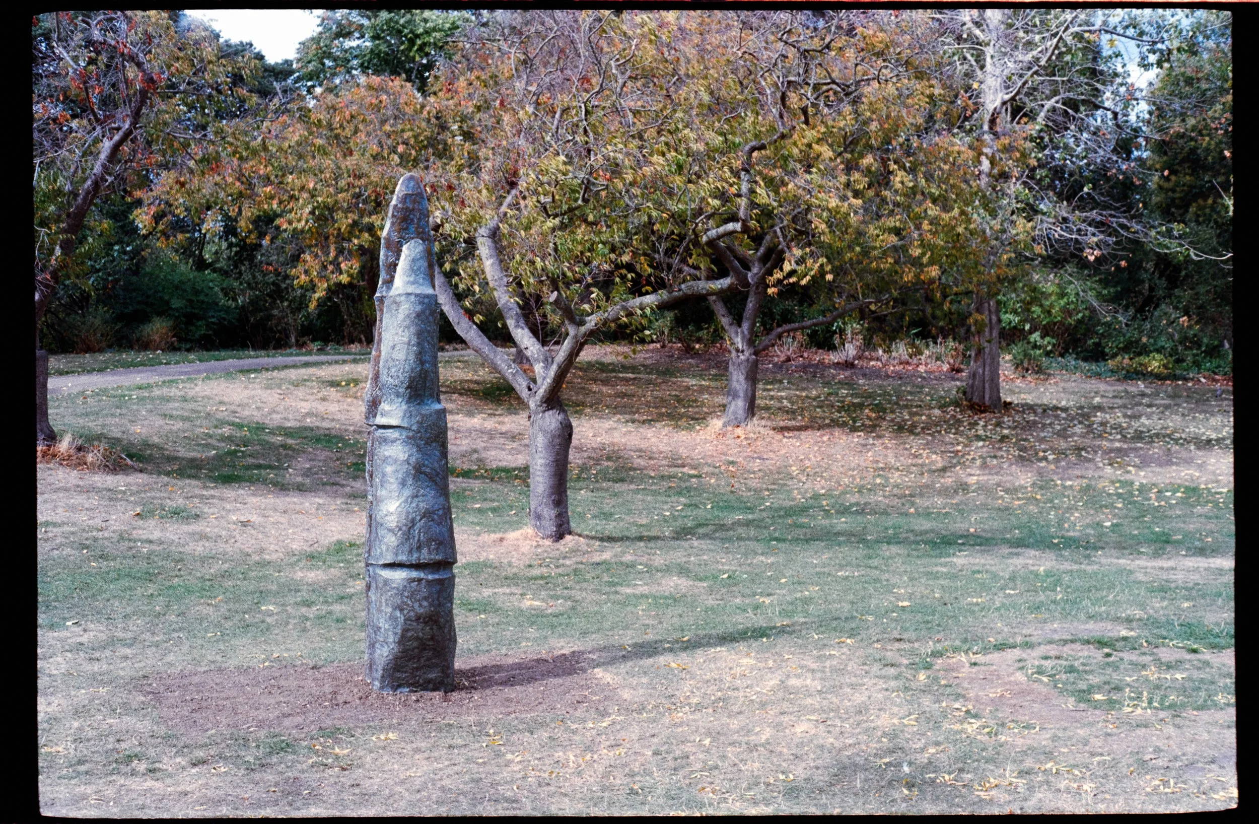 A park scene with trees, grass, and fallen leaves. In the foreground, there are two tree trunks with a stone sculpture between them. The background features a dense area of leafy trees with some leaves falling to the ground.
