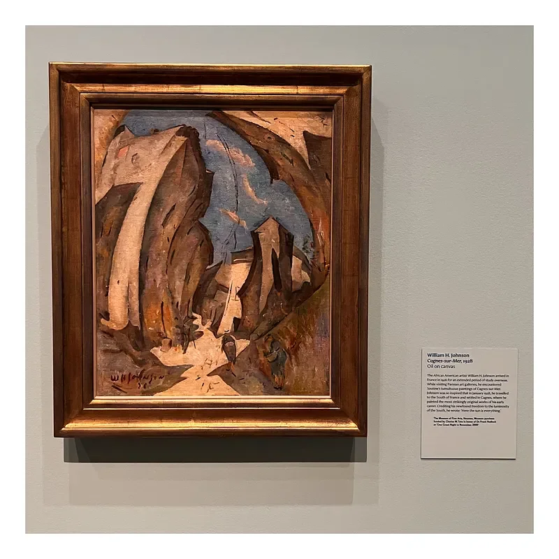 A painting titled 'Cogs in a Sturm,' 1928 by William H. Johnson, depicts abstract shapes in earthy tones inside a wooden frame, displayed on a gallery wall.