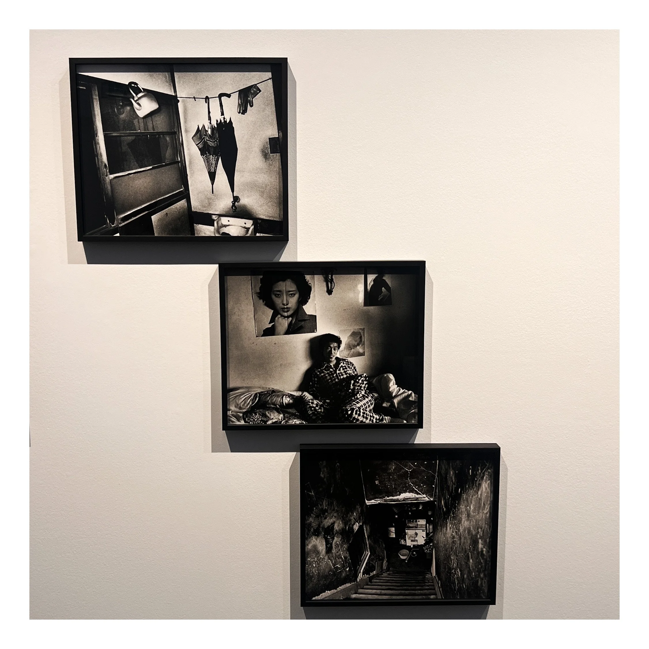 Black and white photographs of women, one in a plaid shirt sitting on a bed, others in various poses, various backgrounds, some framed