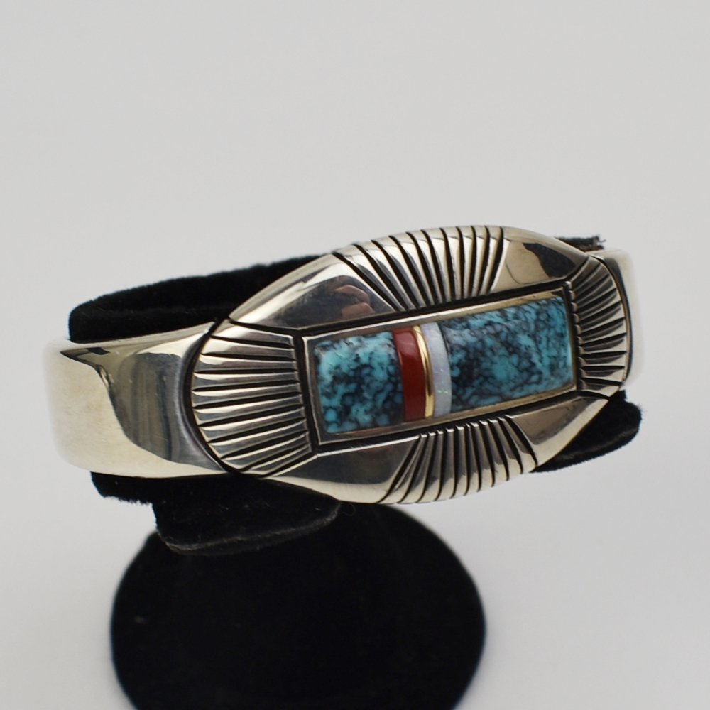 Raymond Yazzie (Navajo) Silver, Gold, Turquoise, Shell and Coral Bracelet