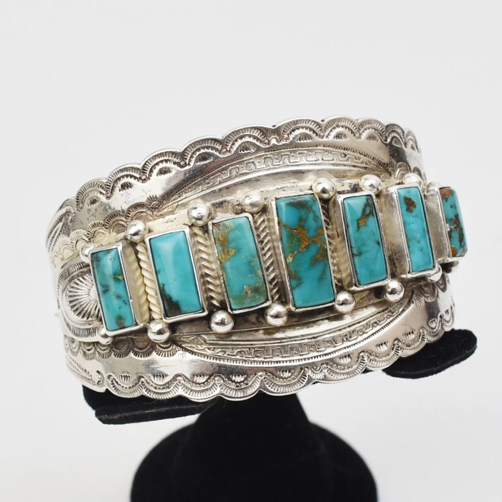 Fred Peshlakai (Navajo) Silver and Blue Gem Turquoise Bracelet, Dated 1948