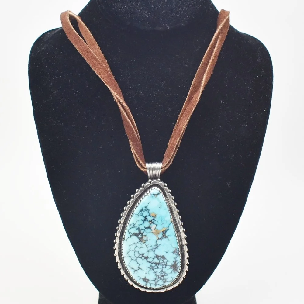 Julian Lovato (Santo Domingo) Silver and Turquoise Pendant on Leather
