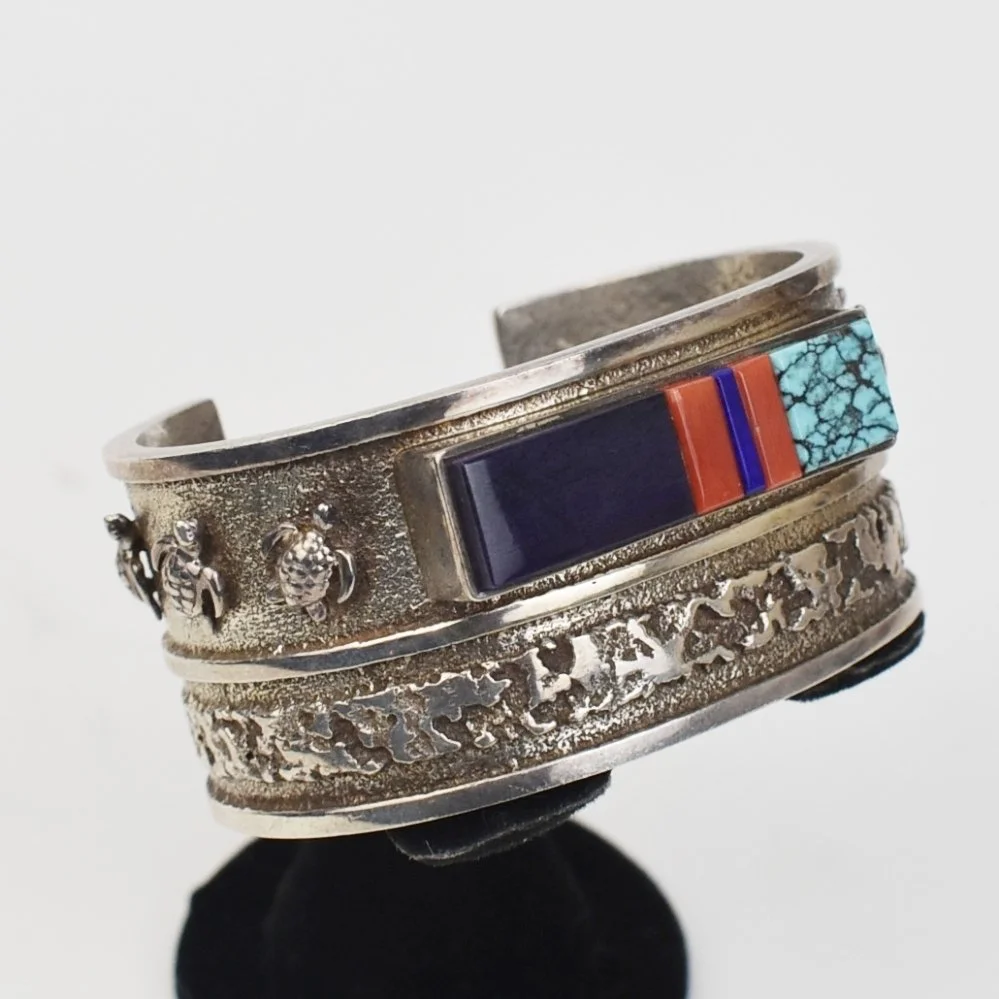 Roy Talahaftewa (Hopi) Silver, Turquoise, Sugilite, Lapis and Coral Bracelet with Turtles