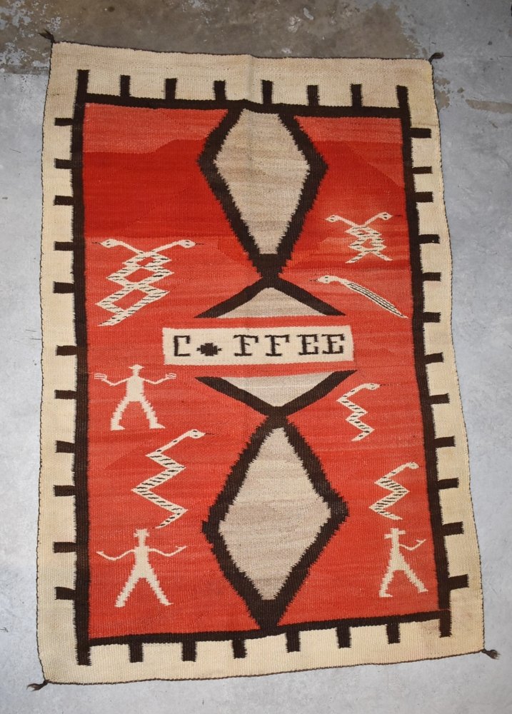 Navajo Pictorial Weaving, Cowboys and "COFFEE", c. 1910