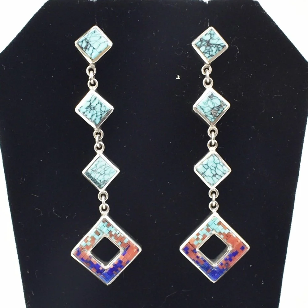 Carl and Irene Clark (Navajo) Silver, Turquoise and Micro-Inlay Earrings