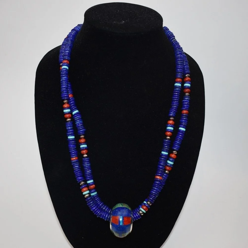 Nestoria Coriz (Santo Domingo) Silver, Lapis, Coral and Turquoise Necklace