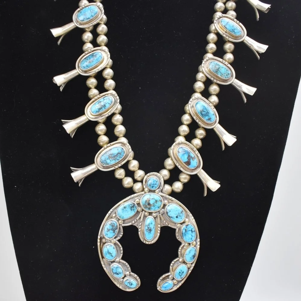 Mark Chee (Navajo) Silver and Stormy Mountain Turquoise Necklace, c. 1950