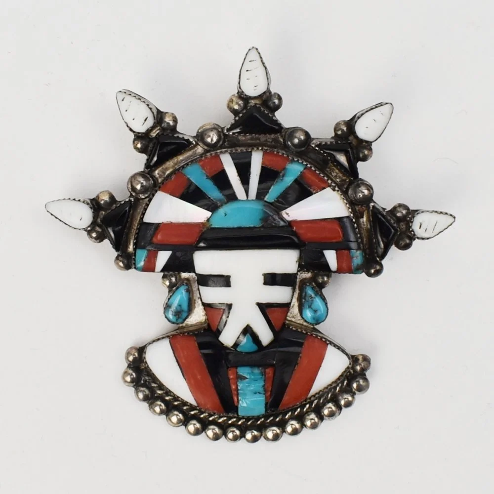 Walter Nahktewa (Zuni) Silver and Inlay Pahlik Mana Pin/Pendant, c. 1930