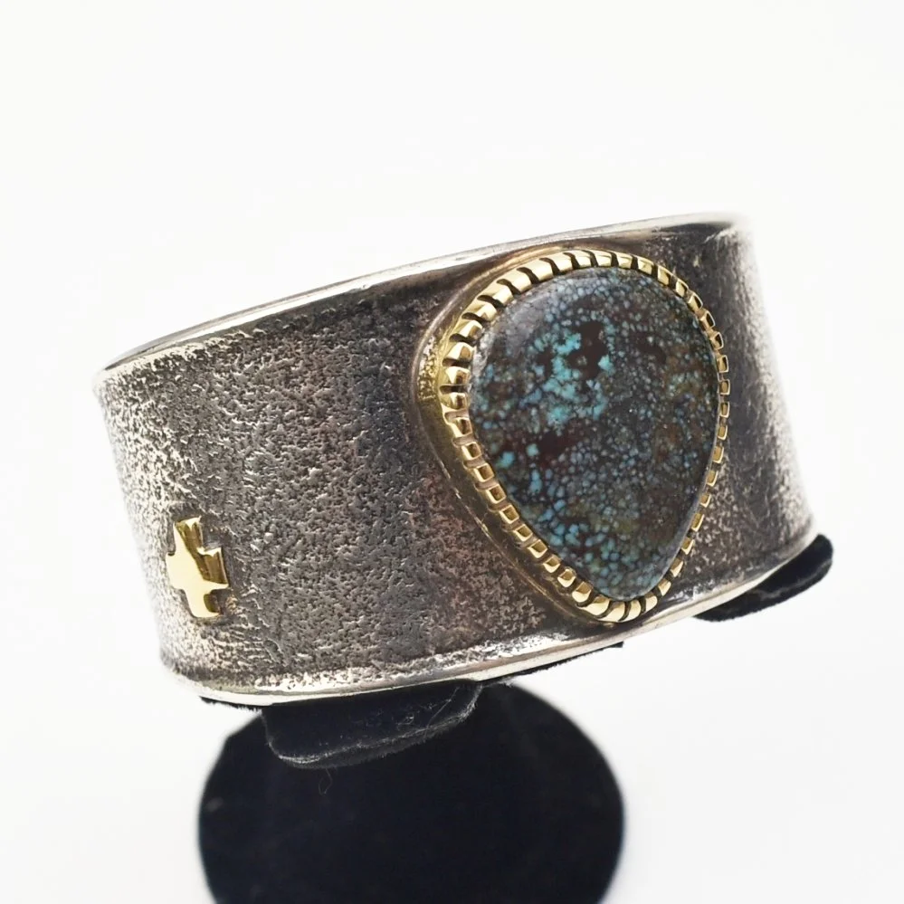 Sonwai (Hopi) Silver, 14k Gold and Turquoise Bracelet
