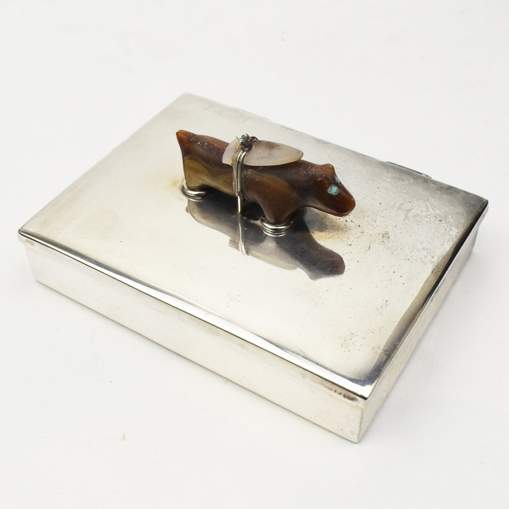 Frank Patania Sr. Silver Box with a Leekya Deyuse (Zuni) Carved Bear, c. 1940s