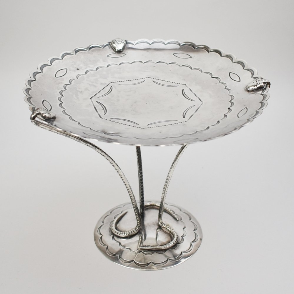 Navajo Silver Pedestal Dish with Snakes, c. 1930s