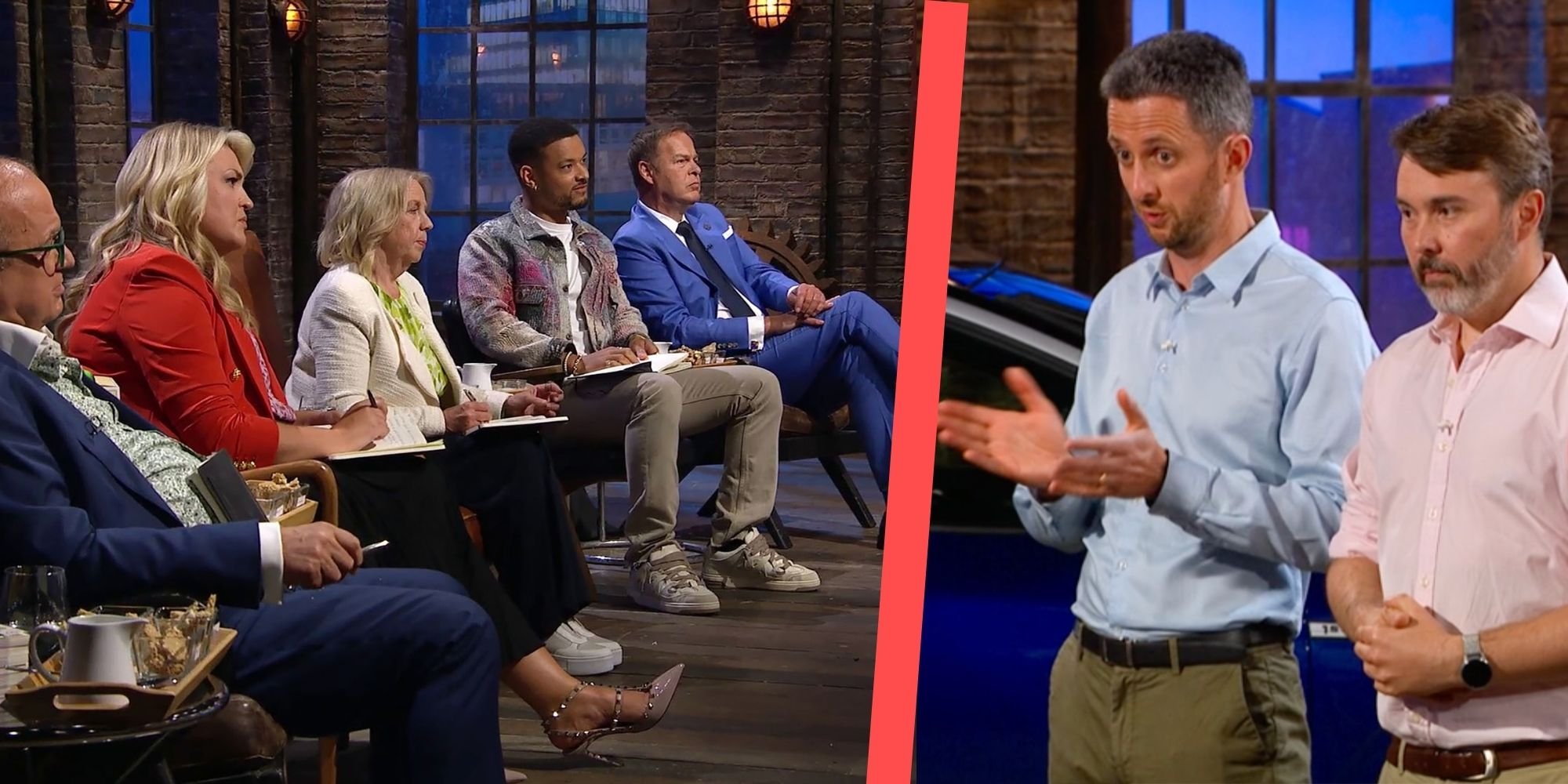 A panel discussion with a diverse group of people, some taking notes and listening attentively, while two presenters speak to the audience in a split screen setup with brick walls and large windows in the background.