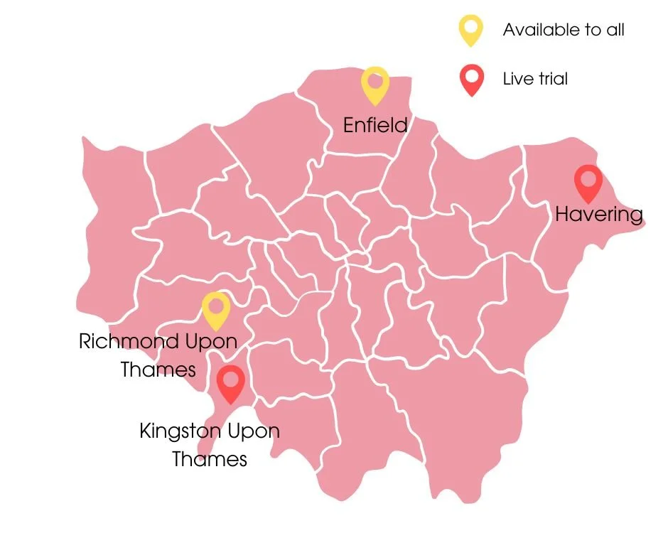 Map of London boroughs with pins to show which locations are live and which are in trial