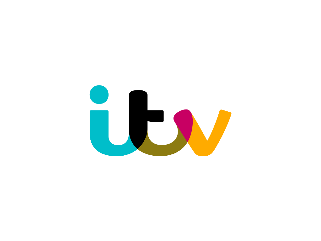 ITV logo with colorful letters in blue, black, magenta, yellow, and brown.